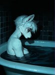 anthro bathing bathroom bathtub blue_eyes female fur hair sad short_hair solo water wet wet_body wet_fur white_body white_fur white_hair doomer_fox arctic_fox canid canine fox mammal hi_res