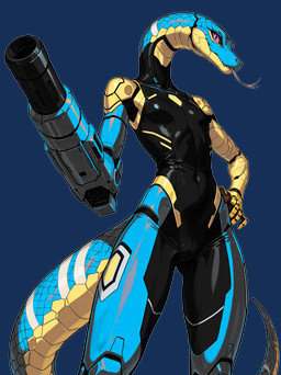 anthro arm-cannon breasts clothing cybernetic_limb cybernetics cyberpunk female looking_at_viewer machine prosthetic solo loren_iipsum mascot_2025 reptile scalie snake hi_res
