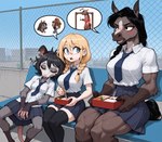 anthro bento_box bottomwear chopsticks clothing facial_piercing female fence group hair jewelry necklace nose_piercing piercing ponytail scar school_uniform skirt trio uniform anonymous_director didelphid equid equine human mammal marsupial hi_res
