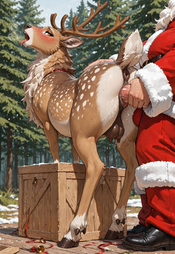 animal_ears animal_genitalia animal_pussy antlers anus balls bodily_fluids breasts brown_body brown_fur butt christmas christmas_2025 christmas_clothing clothing costume deer_ears duo female feral fur genital_fluids genitals holidays horn human_penetrating interspecies male male/female penetration penile penis presenting pussy red_ribbon reindeer_antlers santa_costume santa_suit scut_tail sex short_tail snow tuft vaginal vaginal_penetration diddlier santa_claus canid capreoline cervid cervine human mammal reindeer hi_res