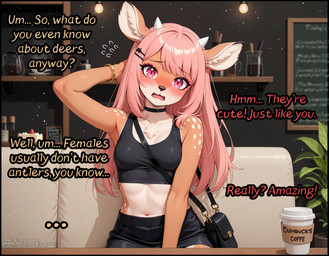 anthro antlers black_bottomwear black_choker black_clothing black_jewelry black_necklace black_skirt blurred_background blush bodily_fluids bottomwear breasts chalkboard choker clothing coffe coffee_cup coffee_shop container crop_top cup cute_fangs dish eyelashes first_person_view food fur fur_tuft furniture gynomorph hair hand_behind_head handbag horn intersex jewelry light_bulb long_eyelashes long_hair makeup menu miniskirt navel necklace nervous pink_eyes pink_hair plant plant_pot romantic romantic_ambiance shirt skirt small_breasts sofa solo spots spotted_body sweat table tan_body tan_fur text topwear tuft white_sofa the_yiff_republic cervid mammal absurd_res director_name english_text hi_res