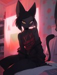 anthro black_bottomwear black_clothing black_hair black_nose black_pants bottomwear choker clothing curtains hair inside jacket jewelry male necklace pants shirt solo tank_top topwear yellow_eyes sappy_(director) felid feline mammal hi_res