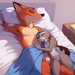 animal_genitalia anthro bedding blanket duo female genitals male male/female pussy sheath sleeping zootopia furhammer_(director) judy_hopps nick_wilde canid canine fox lagomorph leporid mammal rabbit