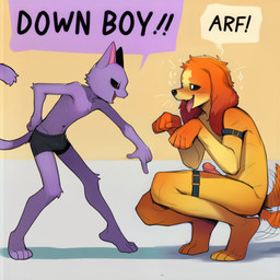 4_toes 5_fingers anthro barefoot belt black_clothing black_nose black_sclera black_underwear blush bottomwear boxer_briefs breath broad_shoulders bulge clothed clothed/nude clothing crouching digitigrade dominant duo erection excited eye_contact eyebrows facial_tuft fangs feet fingers floppy_ears fur genitals gesture gloves_(marking) hand_on_hip hindpaw humanoid_genitalia humanoid_hands humanoid_penis interspecies leaning leaning_forward looking_at_another male male/male markings monotone_body monotone_fur multicolored_body multicolored_fur narrowed_eyes navel nude open_mouth orange_body orange_fur panting paw_pose paws penis pink_inner_ear pointing pose purple_body purple_fur shirtless side_view simple_background size_difference skinny_male small_dom_big_sub snout sparkles speech_bubble standing submissive tail_motion tailwag teeth text tiptoes toes tongue tongue_out two_tone_body two_tone_fur underwear underwear_only whiskers yellow_body yellow_fur ratarang_(director) mob_entertainment poppy_playtime smiling_critters catnap_(poppy_playtime) dogday_(poppy_playtime) bird_dog canid canine canis cocker_spaniel domestic_cat domestic_dog felid feline felis hunting_dog mammal spaniel english_text novelai