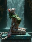 anthro female fur grey_body grey_fur leaf_bra marble markings pedestal short_fur sitting_on_table solo solo_focus stone_floor striped_body striped_markings striped_tail stripes tail_markings waterfall whiskers white_body white_fur valendier felid feline mammal