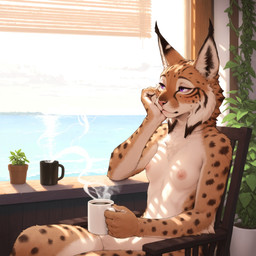 anthro beverage blinds breasts casual_nudity chair coffee coffee_cup container cup female furniture plant plant_pot potted_plant purple_eyes sea sitting small_breasts solo vines water cerinil felid feline lynx mammal hi_res