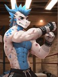 anthro bandage blue_eyes blue_spots bottomwear boxing boxing_gloves bruised claws clothing fighting_ring grin gym_clothing handwear horn male mohawk muscular navel pants smile solo sport spots two-tone_body white_body adzyx3m_(director) adzyx3m dragon absurd_res hi_res