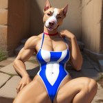 anthro breasts cameltoe choker clothing female jewelry looking_at_viewer necklace one-piece_swimsuit solo swimwear the_oatmeal_director_of_culture american_pit_bull_terrier canid canine canis domestic_dog hunting_dog mammal terrier