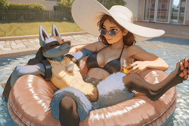 alcohol ambiguous_gender anthro beverage bikini blue_body blue_fur breasts brown_eyes claws clothed clothing container cup day drinking_glass duo eyes_closed eyewear female fence floating fur glass glass_container glass_cup grass hair hat headgear headwear holding_cup holding_glass holding_object outside pawpads plant pool pool_float relaxed relaxing shrub smile spread_arms spreading sunglasses swimwear topwear tree water white_clothing white_hat white_headwear wooden_fence anonymous_director nintendo pokemon canid canine canis generation_4_pokemon human lucario mammal pokemon_(species)