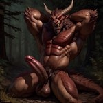 abs anthro balls biceps big_balls big_penis erection flexing foreskin genitals glans hands_behind_head heavy_balls horn huge_balls huge_penis humanoid_genitalia humanoid_penis long_penis male muscular nature nature_background nude open_mouth open_smile pecs penis plant red_eyes retracted_foreskin seductive sharp_teeth sitting smile solo teeth thick_penis tree vein veiny_penis yetanotheraiuser demon