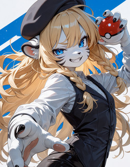 abstract_background action_pose ambiguous_gender anthro beret black_nails blond_hair blue_eyes braided_hair clothing colored_nails fangs femboy flat_chested frown_eyebrows fur fur_markings grin hair hat headgear headwear looking_at_viewer markings messy_hair nails pokeball pose round_ears shirt simple_background small_ears smile solo topwear vest white_body white_fur nonimousmate nat_(nonimousmate) felid mammal pantherine tiger hi_res