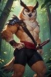 anthro armor bike_shorts bottomwear brown_body clothing feathers forest forest_background katana male melee_weapon muscular muscular_anthro muscular_male nature nature_background pauldron pecs plant shorts solo sword tail_feathers tight_clothing tree weapon yellow_eyes randave avian bird owl