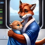 absurd_res anthro canid canine cuddling duo embrace female fox fruvous hi_res hug lutrine male mammal mustelid photo silly spaceport twinklespark