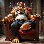 4_toes anthro belly belt bottomwear chair claws clothing fangs feet fingers foot_focus furniture hair horn leather male open_mouth orange_body pants red_eyes red_hair scales sharp_teeth sitting smile soles solo spikes teeth throne toe_claws toes tongue white_body wrinkled_feet footlover95 bowser koopa scalie absurd_res hi_res