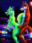 anthro breasts canid canine car cattorihanzo doggystyle dripping duo female fox from_behind_position fur green_body green_fur hi_res male male/female mammal medium_breasts outdoors public sex smile vehicle