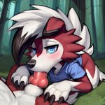 animal_genitalia anthro anthro_on_feral bestiality blue_eyes blush clothing duo fellatio feral feral_penetrated fur generation_7_pokemon genitals hi_res joshan2 knot lycanroc male male/male oral penetration penile pokemon_(species) red_body red_fur sex sheath shirt topwear woods