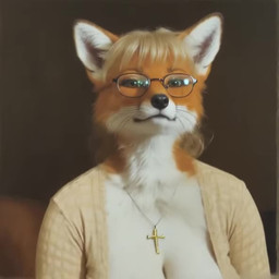anthro armchair big_breasts blonde_hair book bouncing_breasts breasts chair cleavage cleavage_overflow clothed clothing cross cross_necklace dress eyewear female furniture glasses hair huge_breasts jewelry looking_at_viewer necklace nipple_outline pattern_clothing ponytail praying realistic realistic_lighting religion religious_worship smile solo wholesome_content unknown_director canid canine fox mammal animated short_playtime webm