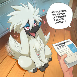 <3 <3_eyes ambiguous_gender animal_genitalia animal_penis balls canine_genitalia canine_penis duo excited feral genitals inside looking_at_another male motion_lines open_mouth paper paws penis penis_tip sheath sitting speech_bubble tail tail_motion tailwag text tongue wood_floor firewolf890 nintendo pokemon canid canine furfrou generation_6_pokemon human mammal pokemon_(species) hi_res