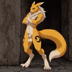 animal_genitalia anthro balls chest_tuft concrete crossed_arms genitals leg_tattoo looking_at_viewer male muscular muscular_male neck_tuft nude_male peeking_penis penis penis_tip sheath solo standing tattoo thigh_tattoo tuft unimpressed sysns digimon_(species) renamon hi_res