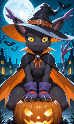 anthro cape clothing female food fruit hat headgear headwear plant pumpkin solo witch_clothes witch_costume witch_hat yiff_ai_(director) digimon halloween_2025 bat blackgatomon digimon_(species) mammal hi_res