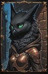 anthro back_alley beak black_body black_fur breasts brick_wall clothed clothing fantasy female fluffy fully_clothed fur green_sclera hood hood_down leather leather_clothing looking_at_viewer neck_tuft neutral_expression night outside small_breasts solo spots town tuft wall_(structure) oldhroft shadow_(oldhroft) avian velari bust_portrait digital_media_(artwork) hi_res pixel_(artwork) portrait