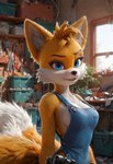 anthro black_nose blue_eyes blurred_background breasts clothing crossgender double_tail female fluffy fluffy_tail fox_tail fur hair inside medium_breasts mtf_crossgender overalls side_boob solo sonic_the_hedgehog_(series) upper_body window yellow_body yellow_fur zaddha miles_prower canid canine fox mammal hi_res