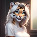 anatomically_correct anthro athletic athletic_female bedroom_eyes blue_eyes clenched_teeth clothing cute_fangs eyelashes felid female front_view mammal narrowed_eyes open_mouth pantherine seductive shirt smile smiling_at_viewer solo stripes t-shirt teeth tiger tight_female topwear white_clothing white_shirt white_t-shirt white_topwear yiff_ai