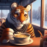 anthro black_stripes booth bowl building cheek_tuft clothing container diner facial_tuft food fur furniture male markings orange_body orange_eyes orange_fur pink_nose plant restaurant scarf snow snow_everywhere snow_on_branches snow_on_ground snow_on_windowsill solo soup striped_body striped_fur striped_markings stripes table topwear tree tuft whisker_spots whiskers white_fingers window nikkolaus felid mammal pantherine tiger