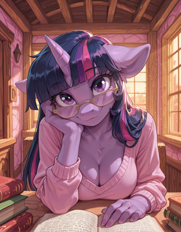 anthro anthrofied book breasts cleavage clothed clothing detailed_background duo eyewear female glasses hair horn long_hair looking_at_viewer smile smiling_at_viewer window anonymous_director friendship_is_magic my_little_pony twilight_sparkle_(mlp) equid equine mammal unicorn hi_res