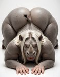 all_fours anthro ass_up blonde_hair female front_view grey_body grey_skin hair horn solo girlswithsnouts mammal rhinocerotoid hi_res