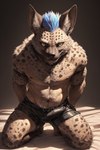 anthro bottomwear clothed clothing collar erection erection_under_clothing hi_res hyaenid kavka kneeling leather leather_bottomwear leather_clothing leather_shorts looking_at_viewer male mammal seductive shorts smile smirk solo