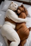 anthro anthro_on_anthro bed blinds brown_body brown_fur choker cuddling curled_hair cushion eyes_closed female fur furniture hair holding_partner jewelry laying lying navel necklace on_bed on_side pendant realistic realistic_fur realistic_lighting relaxing sleeping slightly_chubby white_body white_fur wholesome_content nnam_si3 brown_bear mammal polar_bear ursid ursine hi_res