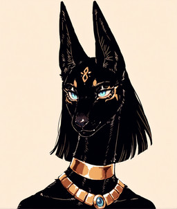 black_body black_ears black_fur black_hair black_nose blue_eyes choker egyptian eye_markings eyelashes facial_markings female front_view fur glistening glistening_eyes gold_(metal) gold_jewelry gold_markings hair head_markings jewelry long_neck looking_at_viewer markings monotone_body monotone_fur monotone_hair mouth_closed necklace pupils simple_background snout solo tan_background tuft white_background unknown_director anubian_jackal canid canine canis deity jackal mammal bust_portrait headshot_portrait hi_res portrait restricted_palette