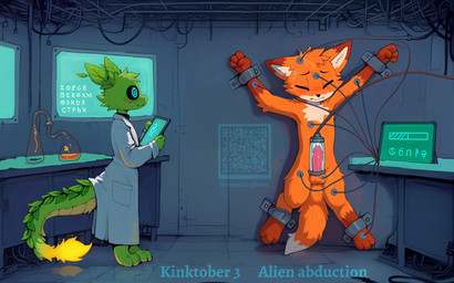 against_surface against_wall ambiguous_gender anthro blush bodily_fluids bound cables clothing coat cybernetic_eye duo electrode eyes_closed glowing glowing_tail green_body lab_coat laboratory laboratory_equipment laboratory_glassware leaf_tail looking_down male penis_pump restrained runes scientific_instrument screen standing sweat tablet topwear yellow_tail fermentingbrew ambiguous_species canid canine fox furred_scalie mammal absurd_res hi_res qr_code watermark