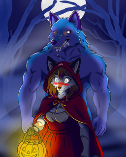 anthro bodily_fluids dripping female food forest fruit halloween imminent_sex kurtkalupo male male/female moon night plant pumpkin saliva saliva_drip tree absurd_res hi_res