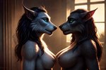 anthro areola big_breasts black_body black_fur blizzard_entertainment breasts canid canine duo female female/female fur green_eyes grey_body grey_fur kauket kauket_blackmoore mammal nipples nude side_view warcraft were werecanid werecanine white_body white_fur worgen world_of_warcraft