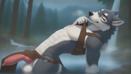 abs animal_genitalia animal_penis anthro athletic athletic_anthro athletic_male balls bedroom_eyes big_balls big_penis biped black_nose bottomwear bottomwear_aside breath canine_genitalia canine_penis clothed clothing clothing_aside clothing_lift clothing_pull countershading detailed_background erection erection_under_clothing fingers fog forest fur genitals grey_body grey_fur harness knot leaning leaning_back leaning_backward loincloth loincloth_aside looking_at_viewer male markings multicolored_body multicolored_fur muscular muscular_anthro muscular_male narrowed_eyes nature nature_background navel orange_eyes outside partially_submerged pecs penis pink_penis plant presenting presenting_penis raised_clothing raised_topwear seductive sheath smile solo standing_in_water tail topwear topwear_pull tree tribal two_tone_body two_tone_fur water waterfall wet wet_body wet_fur white_balls white_body white_fur yellow_eyes huskeyking canid canine canis domestic_dog husky mammal nordic_sled_dog spitz wolf hi_res