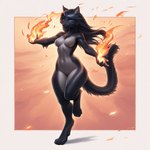 anthro black_body black_fur black_hair digitigrade elemental_manipulation female fire fire_manipulation fur hair long_hair looking_at_viewer magic nude simple_background smile solo tasteful_nudity teal_eyes walking director_crashbandit felid mammal pantherine novelai