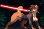 all_fours big_breasts breasts brown_hair busty_feral cleavage clothed clothing curled_tail female feral fur hair jungle lightsaber looking_at_viewer melee_weapon object_in_mouth paws red_eyes robe seductive semi-anthro short_hair sith smile solo star_wars tan_body tan_fur weapon contextualcritters canid canine canis domestic_dog mammal