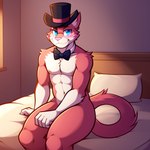 anthro bed blue_eyes blush frosting.ai fur furniture male pink_body pink_fur solo the_return_to_freddy's candougie kitty_fazcat_(trtf) domestic_cat felid feline felis mammal