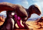 399secondplaces anthro big_penis bodily_fluids butt butt_in_face desert dinosaur duo erection face_in_ass feral genitals hi_res huge_penis knot male outside penis penis_on_ground presenting presenting_hindquarters rear_view reptile scalie size_difference smile standing theropod