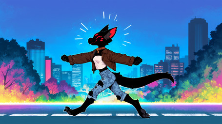 4_toes barefoot biped black_body black_fur black_pawpads blue_bottomwear blue_clothing blue_pants bottomwear breasts bright_colors building city city_background claws clothed clothing collar crop_top denim denim_bottomwear denim_clothing detailed_background digitigrade eyes_closed feet female fur happy jacket jeans leather leather_clothing leather_jacket leather_topwear machine midriff night open_clothing open_jacket open_topwear outside pants pawpads paws plant red_body red_eyes red_fur road shirt sky smile solo tail toes topwear torn_bottomwear torn_clothing torn_pants tree tuft white_clothing white_topwear wholesome_content anotheranon cookie_(anotheranon) furred_kobold kobold hi_res widescreen