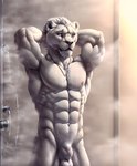 abs absurd_res animal_genitalia anthro balls bumblebee95 detailed detailed_fur felid fully_sheathed genitals hands_behind_back hi_res jewelry lion male mammal muscular necklace pantherine pecs realistic sheath shower solo standing wet wet_body