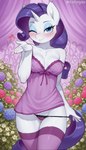 <3 anthro bedroom_eyes blue_eyes blush bow_(disambiguation) breasts clothing clothing_pull female flower fur hair horn legwear long_hair long_tail medium_breasts narrowed_eyes nature nature_background nightgown nipple_outline one_eye_closed panties panty_pull plant purple_hair seductive smile solo standing thigh_highs tuft underwear underwear_pull unicorn_horn white_body white_fur wink kaltingale_(director) friendship_is_magic my_little_pony rarity_(mlp) equid equine horse mammal pony unicorn hi_res