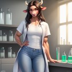 anthro blue_bottomwear blue_clothing blue_pants bottomwear bovid bovid_horn bovine bovine_horn brown_hair cattle clothing coat drarexthedragon female hair hi_res horn khaia_tuman lab_coat looking_at_viewer mammal pants shirt solo topwear white_clothing white_shirt white_topwear