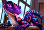 animal_genitalia animal_penis anthro bodily_fluids claws detailed_background erection genitals inside looking_at_viewer male nude penis pink_eyes purple_body saliva scales solo tail text tongue tongue_out window sergalbutt gecko lizard reptile scalie detailed signature url