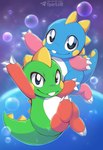 3_fingers 3_toes ambiguous_gender anthro biped blue_body blue_eyes brother brothers bubble claws duo feet fingers green_body mythology pink_body red_body sibling smile spikes spikes_(anatomy) tail teeth text toes twins sergalbutt bubble_bobble bob_(bubble_bobble) bub_(bubble_bobble) bubble_dragon dragon mythological_creature mythological_scalie reptile scalie hi_res signature url