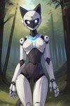 anthro black_body breasts felid feline female forest genitals looking_at_viewer machine mammal multicolored_body plant prompt pussy robot robot_joints small_waist solo standing tree two_tone_body voidfly_(director) white_body