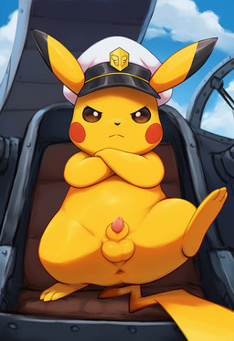 aircraft animal_genitalia anus captain_pikachu clothing cloud crossed_arms feral fur genitals hat headgear headwear looking_at_viewer male one_leg_up penis penis_tip presenting raised_leg sheath sky solo spread_legs spreading standing tapering_penis vehicle yellow jomisa nintendo pokemon generation_1_pokemon pikachu pokemon_(species) hi_res