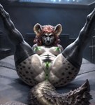 anthro anus bed clothing female fur furniture genitals green_eyes green_nipples hair hi_res hyaenid icefoxai leggings legs_up legwear lying mammal nipples on_back pussy red_hair solo spots spotted_body spotted_fur spread_legs spreading